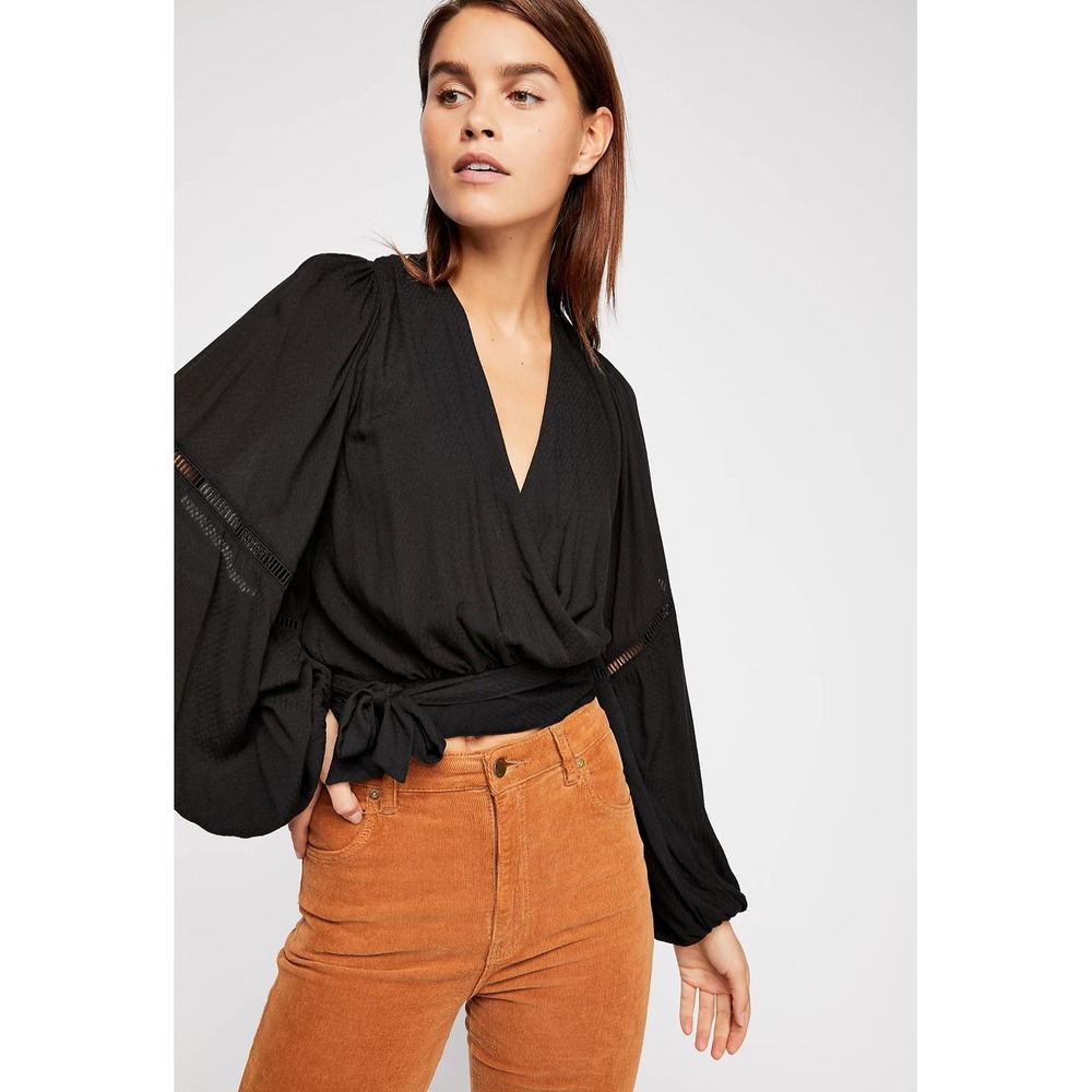 Free People Dream Girl Wrap Top Black Balloon Sleeve Lace Trim Cropped Blouse